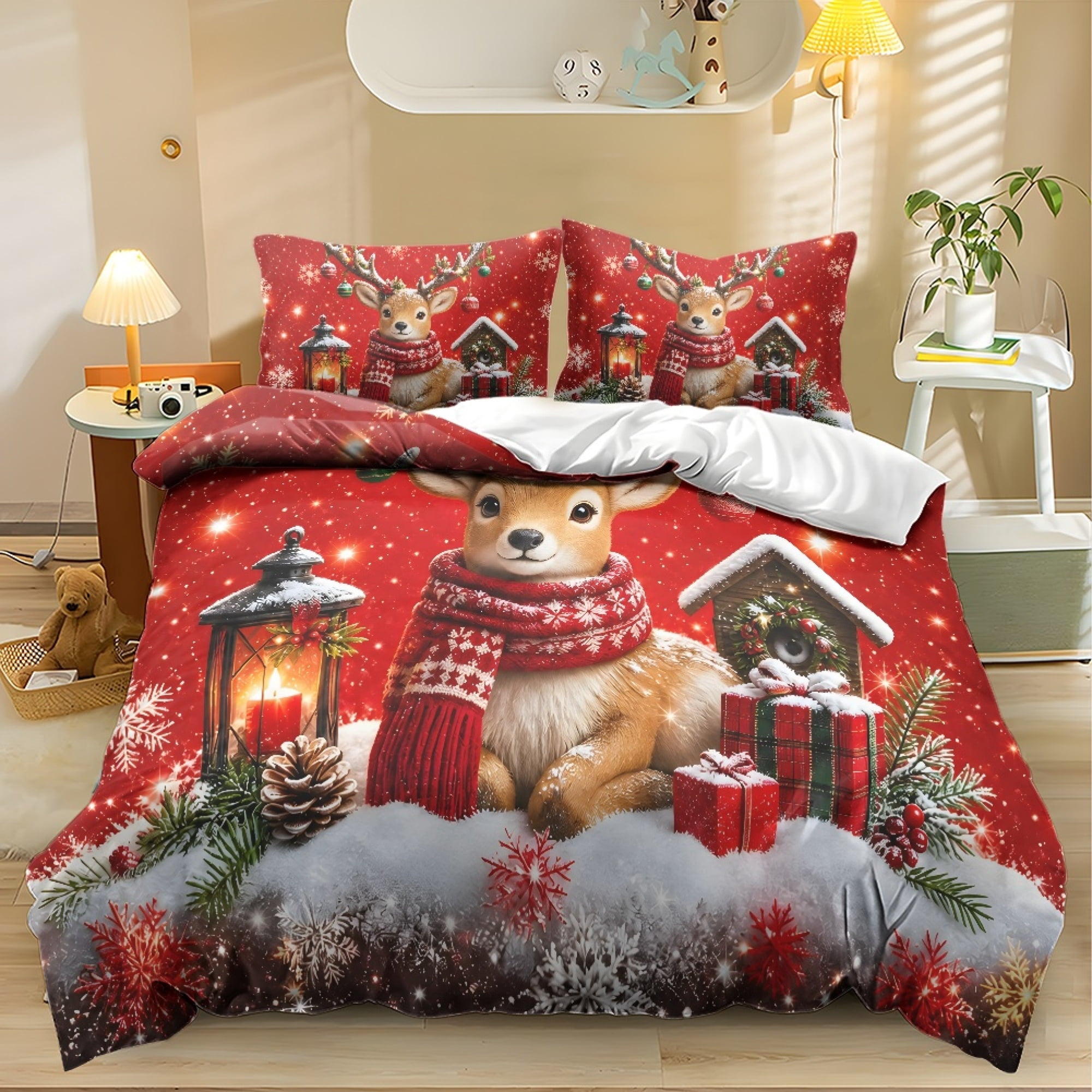 NRBEAWD Christmas Reindeer Pattern Zipper Closure Duvet Cover Set with ...