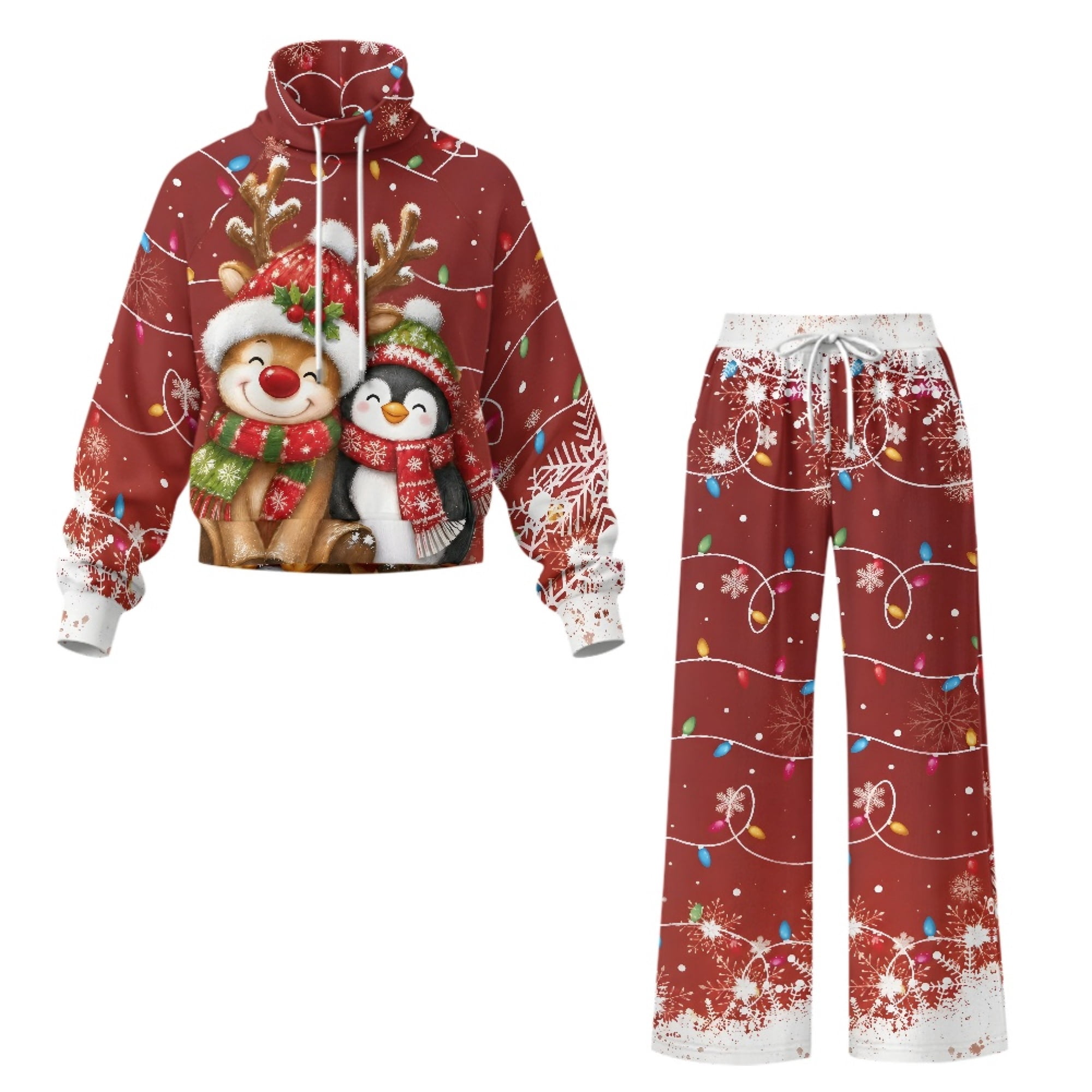 NRBEAWD Christmas Reindeer Penguin Pattern Wide Leg Two Piece Tracksuit ...