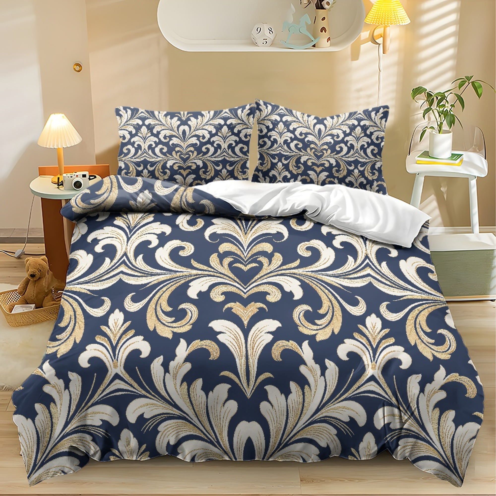 NRBEAWD Gold Baroque Scroll Pattern 3‑Piece Easy-Care Comforter Set ...