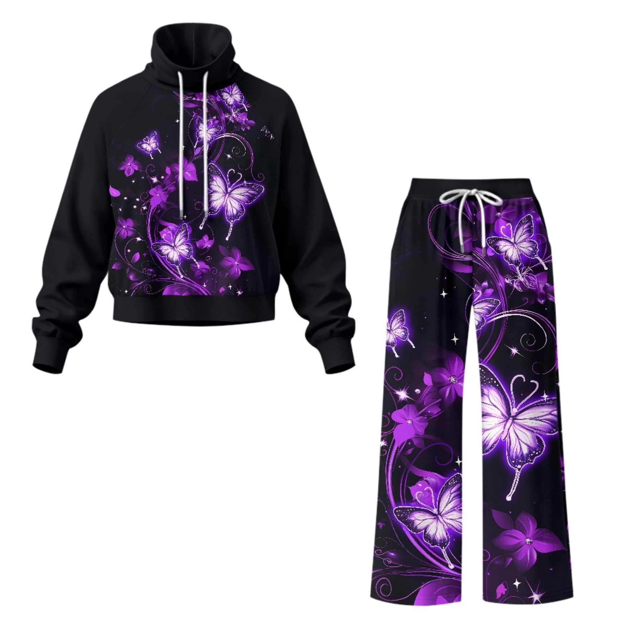 NRBEAWD Purple Floral Sparkle Pattern Double Sided Cloth Women 2 Piece ...