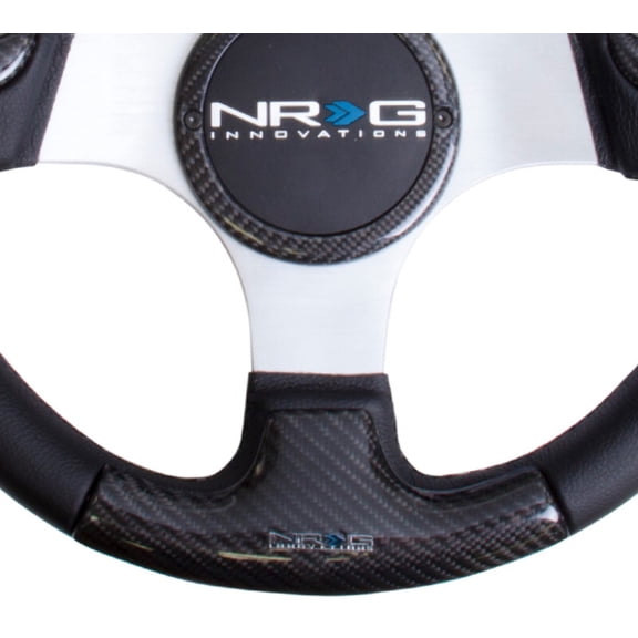 NRG Carbon Fiber Steering Wheel (350mm) Silver Frame Blk Stitching w/Rubber Cover Horn Button