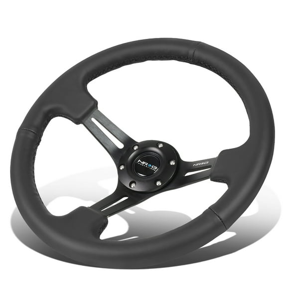 NRG Innovations NRG-RST-018R NRG Innovations Reinforced RST-018R 350mm Black Aluminum 3"Deep Dish 3- Spoke Leather Grip Racing Steering Wheel