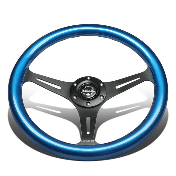 NRG Innovations NRG-ST-015BK-BL 350mm 2" Deep Dish Spoke Glossy Blue Colored Wood Grip Steering Wheel