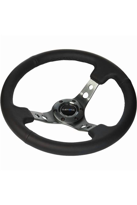 RST-006GM 350 mm 3 in. Reinforced Steering Leather Wheel with Gunmetal Circle Cutout Spokes, Black