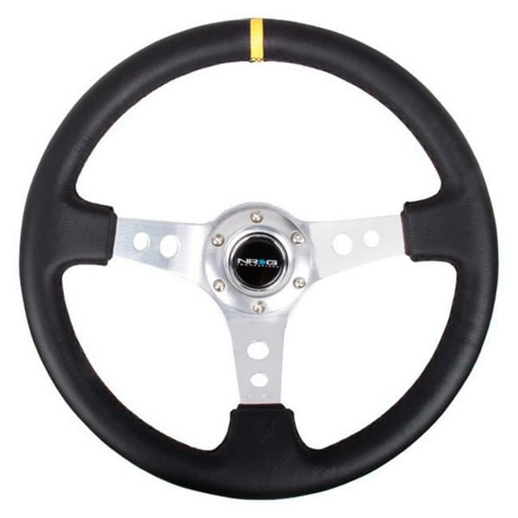 NRG RST-006SL-Y 3 in. Deep 3-Spoke Black Leather Reinforced Steering Wheel with Circle Cut Spokes & Single Yellow CM