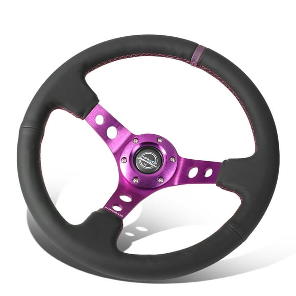 NRG Reinforced Steering Wheel (350mm / 3in. Deep) Black Leather w/Purple Center Purple Stitching