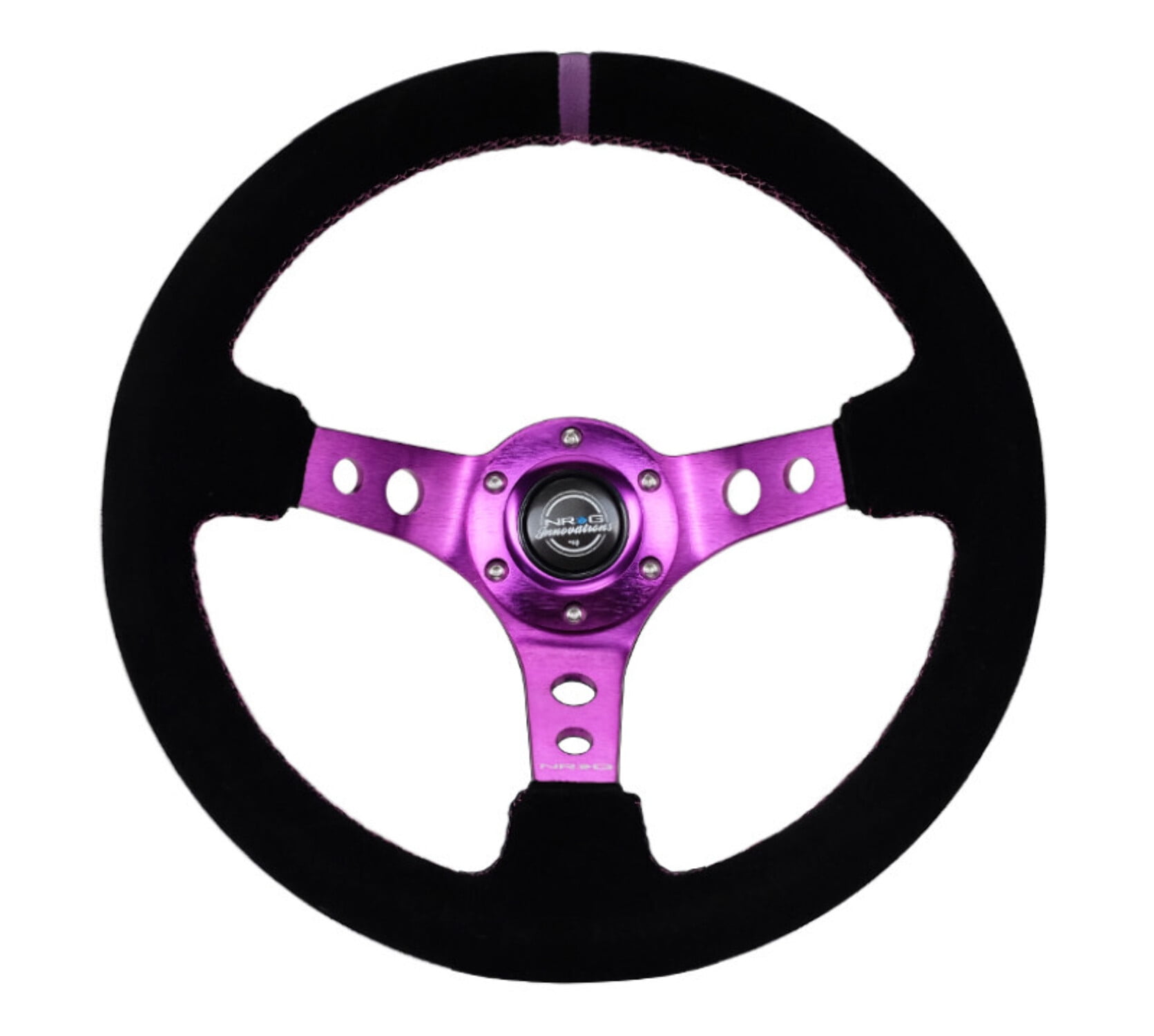 NRG Reinforced Steering Wheel (350mm / 3in. Deep) Black Suede w/Purple Center Purple Stitching