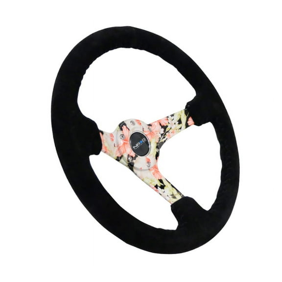 NRG Reinforced Steering Wheel (350mm / 3in. Deep) Blk Suede Floral Dipped w/ Blk Baseball Stitch