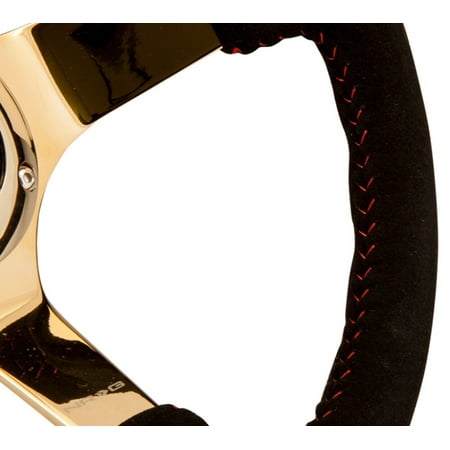 NRG Reinforced Steering Wheel (350mm / 3in. Deep) Blk Suede w/Red BBall Stitch Chrome Gold 3-Spoke