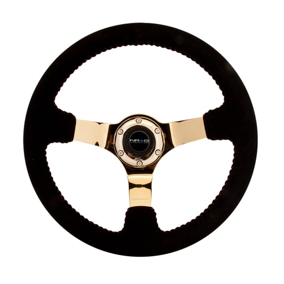 NRG Reinforced Steering Wheel (350mm / 3in. Deep) Blk Suede w/Red BBall Stitch Chrome Gold 3-Spoke