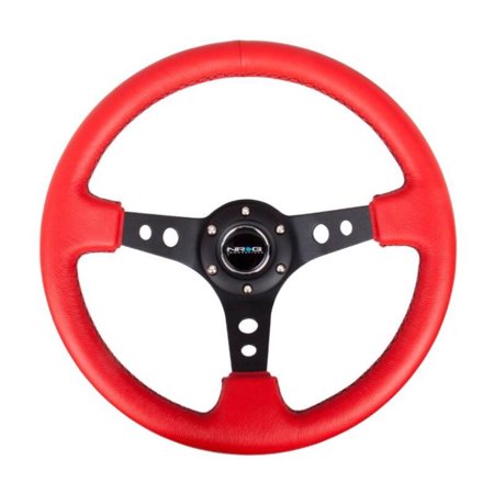 NRG Reinforced Steering Wheel (350mm / 3in. Deep) Red Leather/Blk Stitch w/Blk Circle Cutout Spokes - RST-006RR-BS