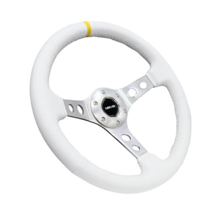 NRG Reinforced Steering Wheel (350mm / 3in. Deep) Wht Leather w/Silver Spoke Single Yellow Mark - RST-006WT-Y