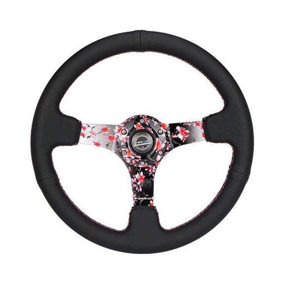 NRG Reinforced Steering Wheel (350mm/3in.) Hydro Dipped Sakura Floral w/ Pink Suede Black Stitch