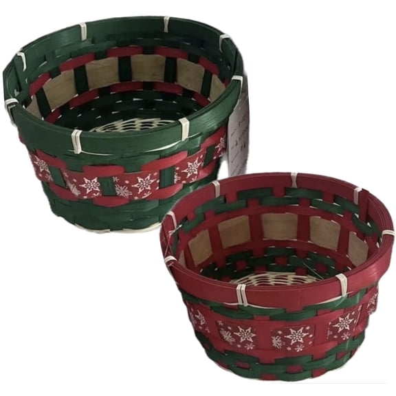 NRUBLIS® Large Round Empty Woven Handmade Christmas Bamboo Gift Baskets, Unfilled Xmas Festive Thanking Holiday Colors Character Decorative, for Organizing Fruits, Snack Candy Storage, Red and Green