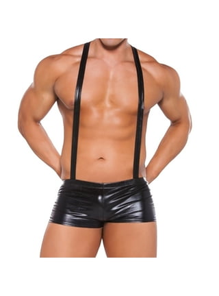 Sexy Male's PU Leather Catsuit for Men Tight Skin Full Bodysuit Jumpsuit  Front Zipper Open Crotch Latex Suit Costume 3XL,Black,S