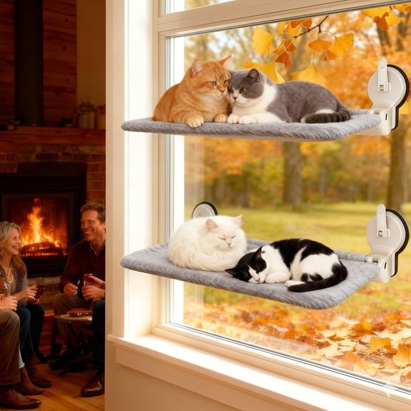 NRYDEPET 2PC Cat Window Perch with Lever Lock Suction Cups, Holds up to 50 lbs, Heavy Duty Window Hammock for Large Cats, Foldable & Space Saving Design (L 2Pc Gray)