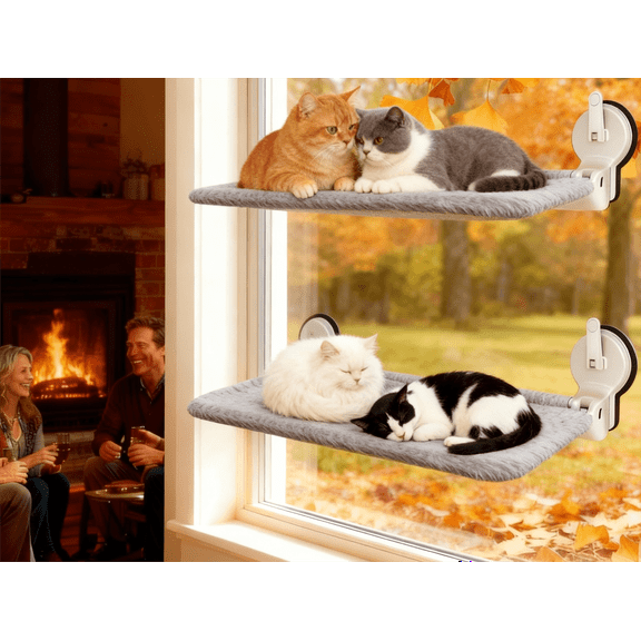 NRYDEPET 2PC Cat Window Perch with Lever Lock Suction Cups, Holds up to 50 lbs, Heavy Duty Window Hammock for Large Cats, Foldable & Space Saving Design (L 2Pc Gray)