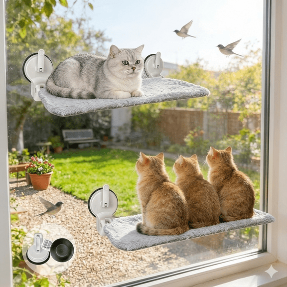NRYDEPET 2PC Cat Window Perch with Lever Lock Suction Cups, Holds up to 50 lbs, Heavy Duty Window Hammock for Large Cats, Foldable & Space Saving Design (L 2Pc Gray)