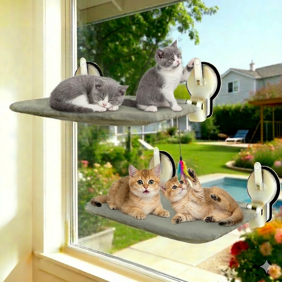 NRYDEPET 2PC Cat Window Perch with Lever Lock Suction Cups, Holds up to 50 lbs, Heavy Duty Window Hammock for Large Cats, Foldable & Space Saving Design  (M 2Pc GRAY)