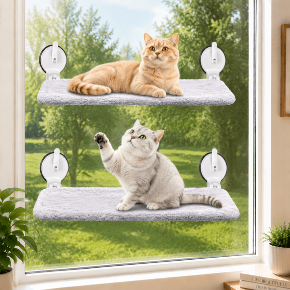 NRYDEPET 2PC Cat Window Perch with Lever Lock Suction Cups, Holds up to 50 lbs, Heavy Duty Window Hammock for Large Cats, Foldable & Space Saving Design (M 2Pc GRAY)