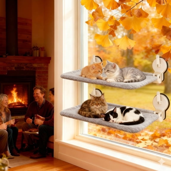 NRYDEPET 2PC Cat Window Perch with Lever Lock Suction Cups, Holds up to 50 lbs, Heavy Duty Window Hammock for Large Cats, Foldable & Space Saving Design  (M 2Pc GRAY)