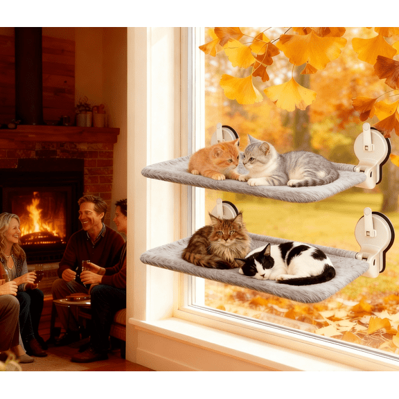 NRYDEPET 2PC Cat Window Perch with Lever Lock Suction Cups, Holds up to 50 lbs, Heavy Duty Window Hammock for Large Cats, Foldable & Space Saving Design  (M 2Pc GRAY)
