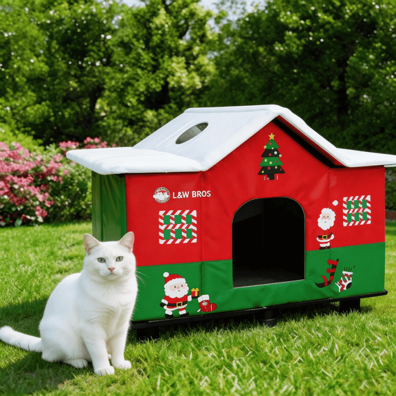 NRYDEPET Heated Outdoor Cat House for Winter, Christmas Cat House, Weatherproof Heated Cat Shelter for Feral & Stray Cats