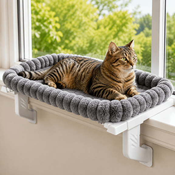 NRYDEPET Heavy-Duty Cat Window Perch – Soft Cozy Warm Plush Cover with Raised Edge, Durable Easy-Assemble Hammock for Large & Multiple Cats(L)