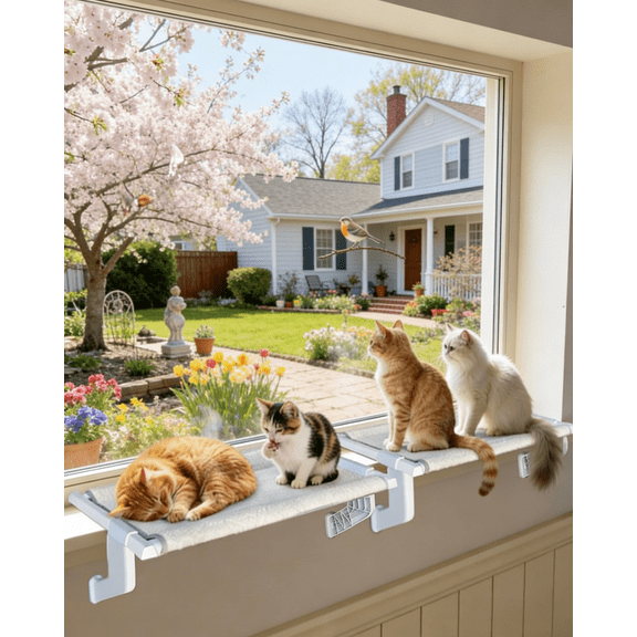 NRYDEPET Heavy-Duty Cat Window Sill Perch for Large Cats, Cat Window Bed with Washable Cover, Hold 120 lbs, White 2PC