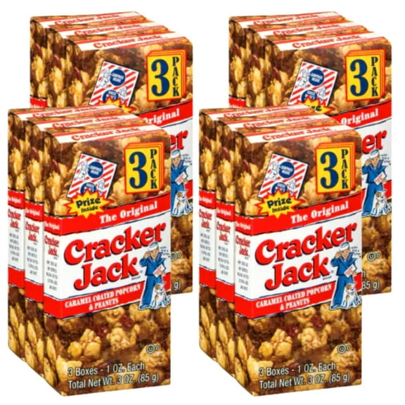 Cracker Jack Original 3-Pack, Caramel Popcorn with Peanuts 100% Whole Grain Fluffy & Crunchy with Sweet Coating Kernel Corn Midnight Movie Nights Party Snack Set of 4