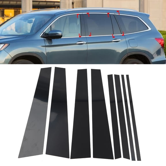 NS 8pcs PC Plastic Door Post Cover Window Pillar Decal Trim Glossy Blac for Pilot for 16-22 Ca