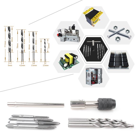 NS 9pcs M3 M4 M5 M6 Machine Twist Screw Metric Tap T-Handle Reamer Wrench Drill Bit Set Thread Tool HSS Silver