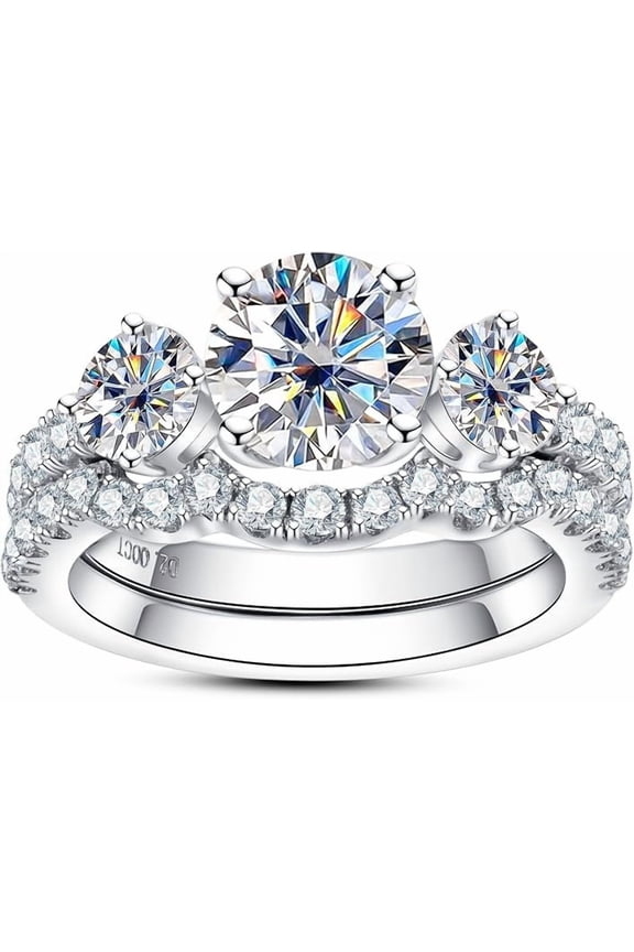 Moissanite Wedding Rings Bridal Set for Women – 3.7CTTW D Color VVS1 Round Brilliant Cut Engagement Ring & Wedding Band in 925 Sterling Silver