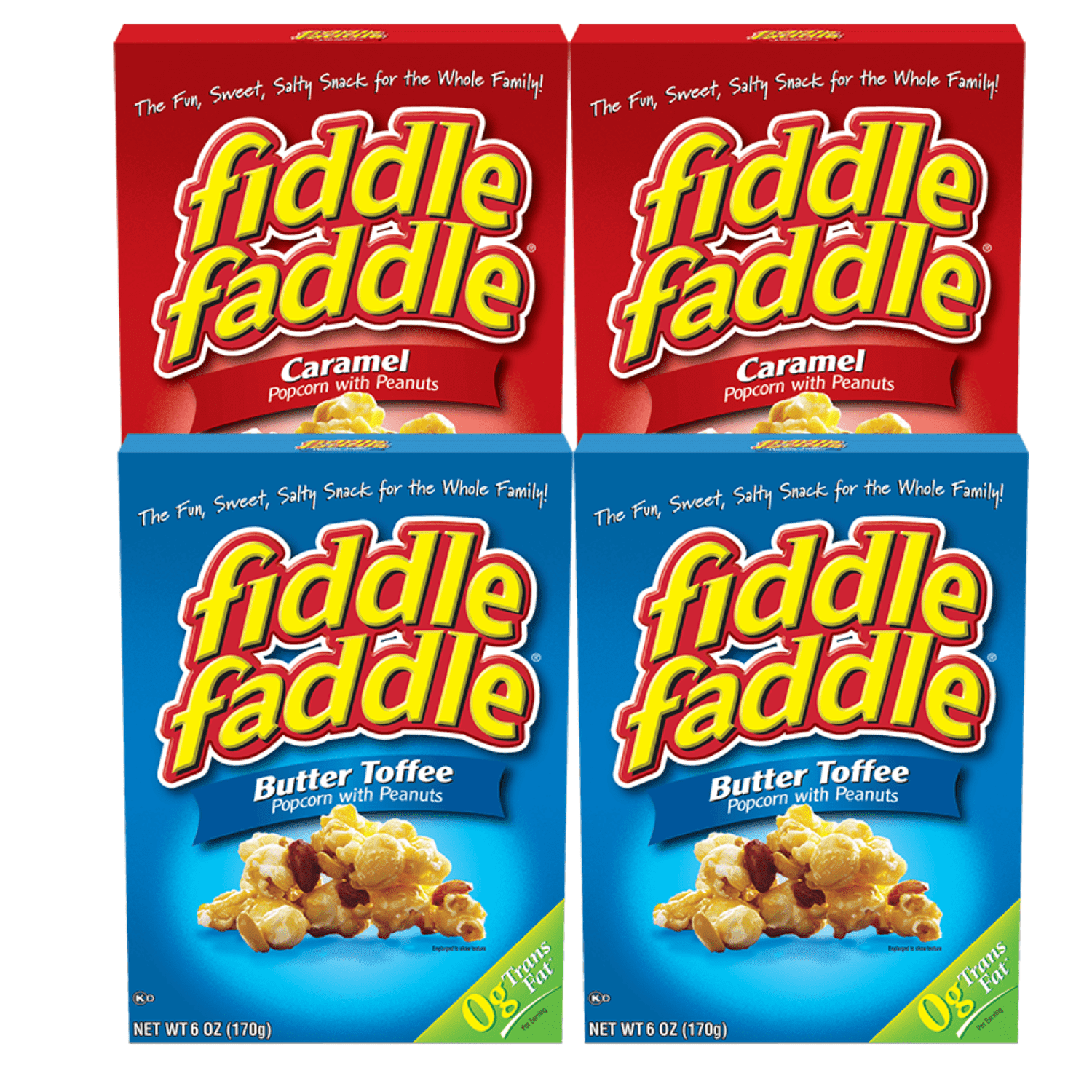 NS Fiddle Faddle Butter Toffee & Caramel Popcorn with Peanuts 6oz. Boxes Fun Sweet & Salty Snacks for the Whole Family Great for Parties, Festivals & Movie Nights Set of 4 (2 Flavors each)