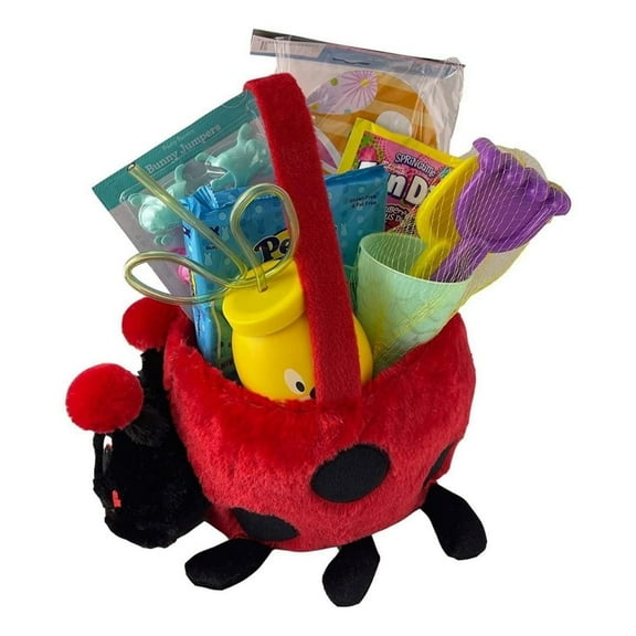 Premade Easter Basket Ladybug with Assorted Toys, Games, and Candy Peeps Prefilled Ages 4 and Up Happy Easter Birthday Thanksgiving Goodies Stuffed Gift for Girls Toys May Vary
