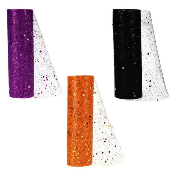 Halloween Glow in the Dark Glitter Tulle Black, Orange, Purple Set of 3 Great for Fall Winter Halloween Holiday Floral Arrangement Decoration
