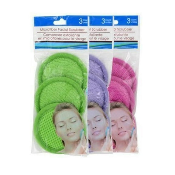 Microfiber Facial Scrubber, Three Packs of 3 (9 Total Scrubbers) - Assorted Colors