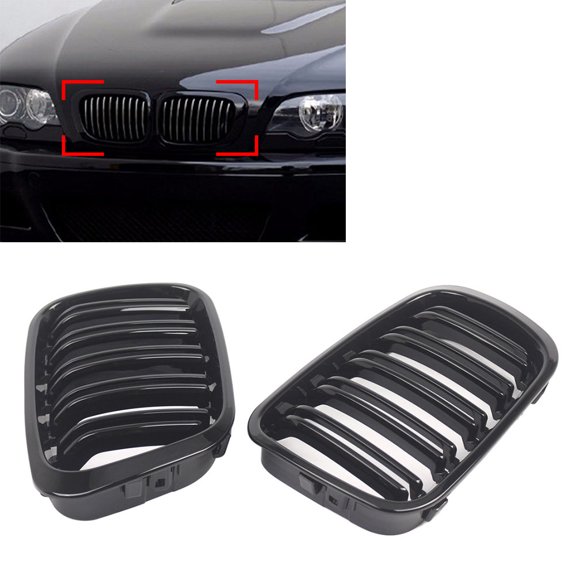 NS Pair Front Gloss Black Twin Bar Grille Car Bumper Grills for BMW E46 3 Series 320i 323i 325i 328i 330i 4Door, 51138208489, 51138208487, 51138208490, 51138208488