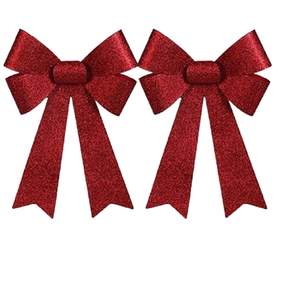 Red Christmas Bow Plastic Glittery Wreath Bows Holiday Thanks Giving Decorative Ornaments Perfect for Tree Filler Garland Home Door Window Decor Decorations 13x9" inches Set of 2
