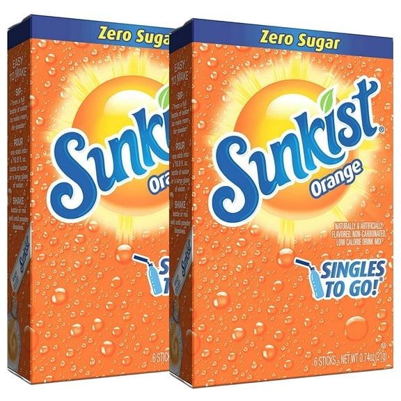 Sunkist Soda Orange Singles To Go Drink Mix, Sugar-Free Caffeine-free Non-carbonated Water Enhancer Powder Sticks Beverage 2 Boxes - 6 Sachet per Box - 12 Total Servings