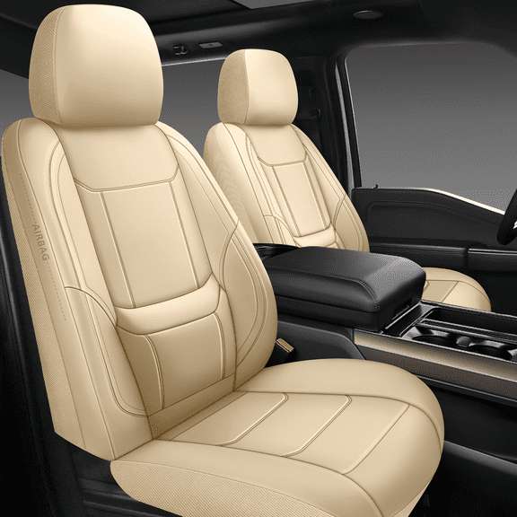 NS YOLO Premium Faux Leather Car Seat Covers Full Set | Universal Fit for Cars, Trucks & SUVs | Waterproof Full Coverage 5-Seat Protector with Lumbar Support beige