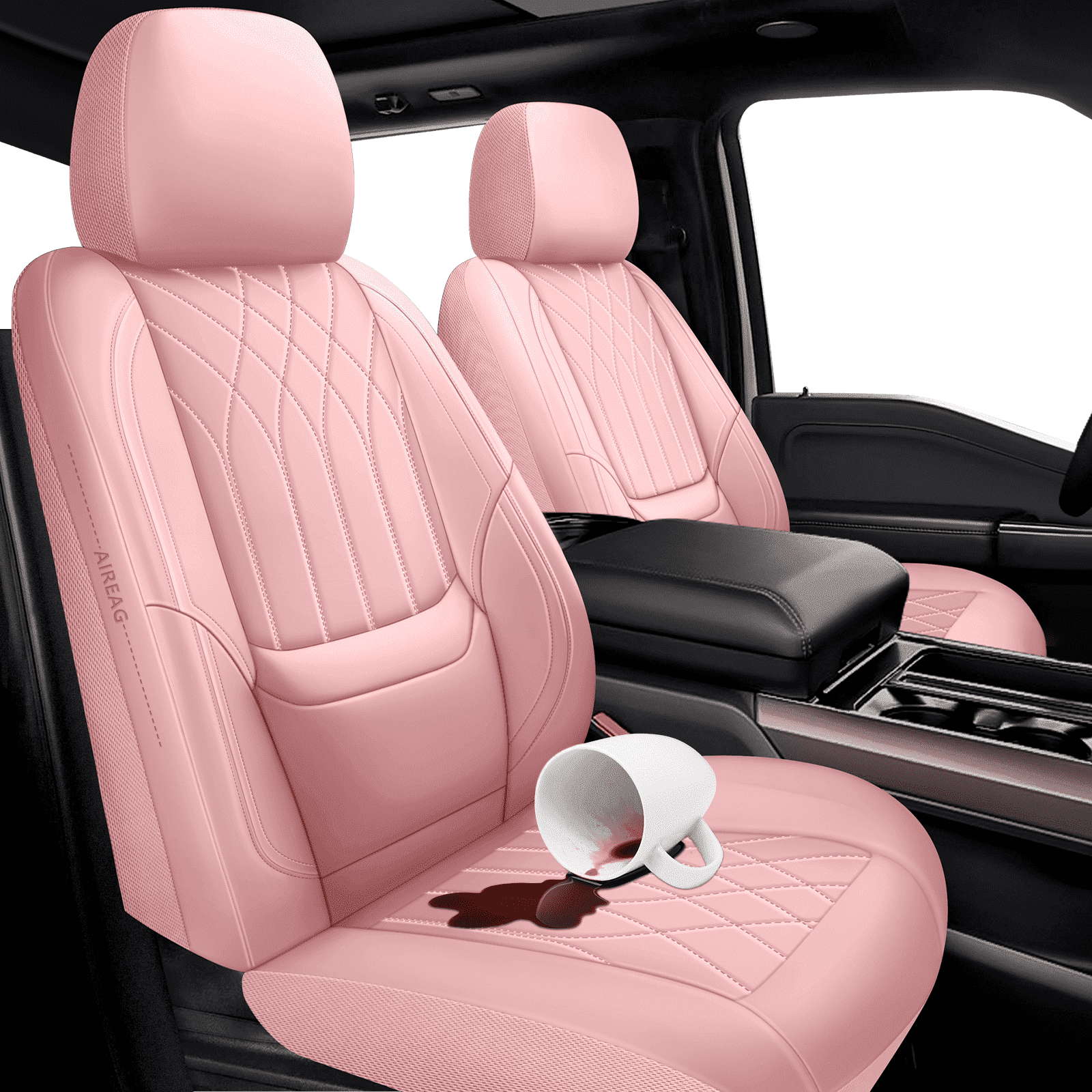 NS YOLO Premium Faux Leather Car Seat Covers Full Set | Universal Fit for Cars, Trucks & SUVs | Waterproof, Full Coverage 5-Seat Protector pink