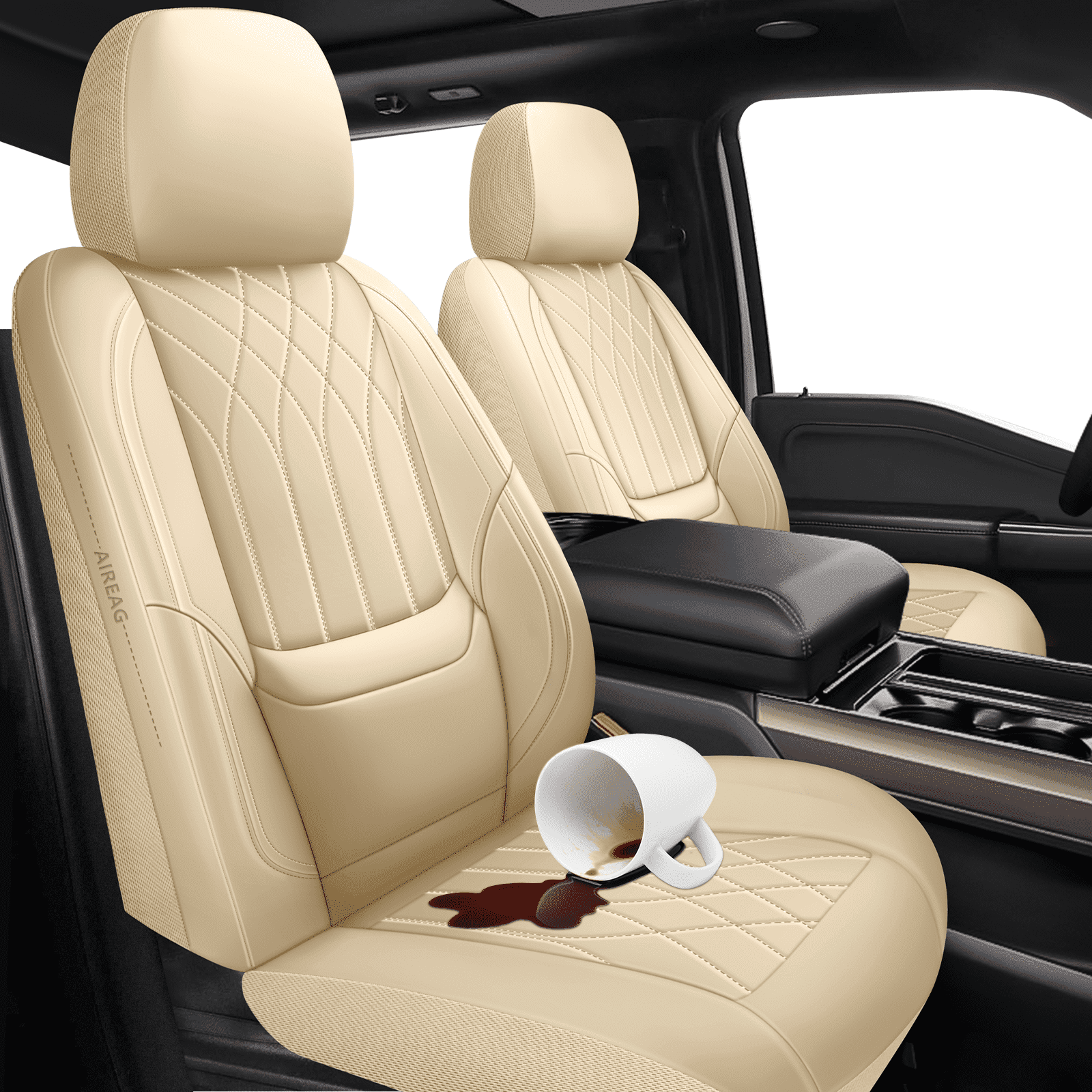 NS YOLO Premium Leather Car Seat Covers Front | Universal Car Seat Covers for Cars, Trucks & SUVs | Waterproof Front Seat Protectors, Beige