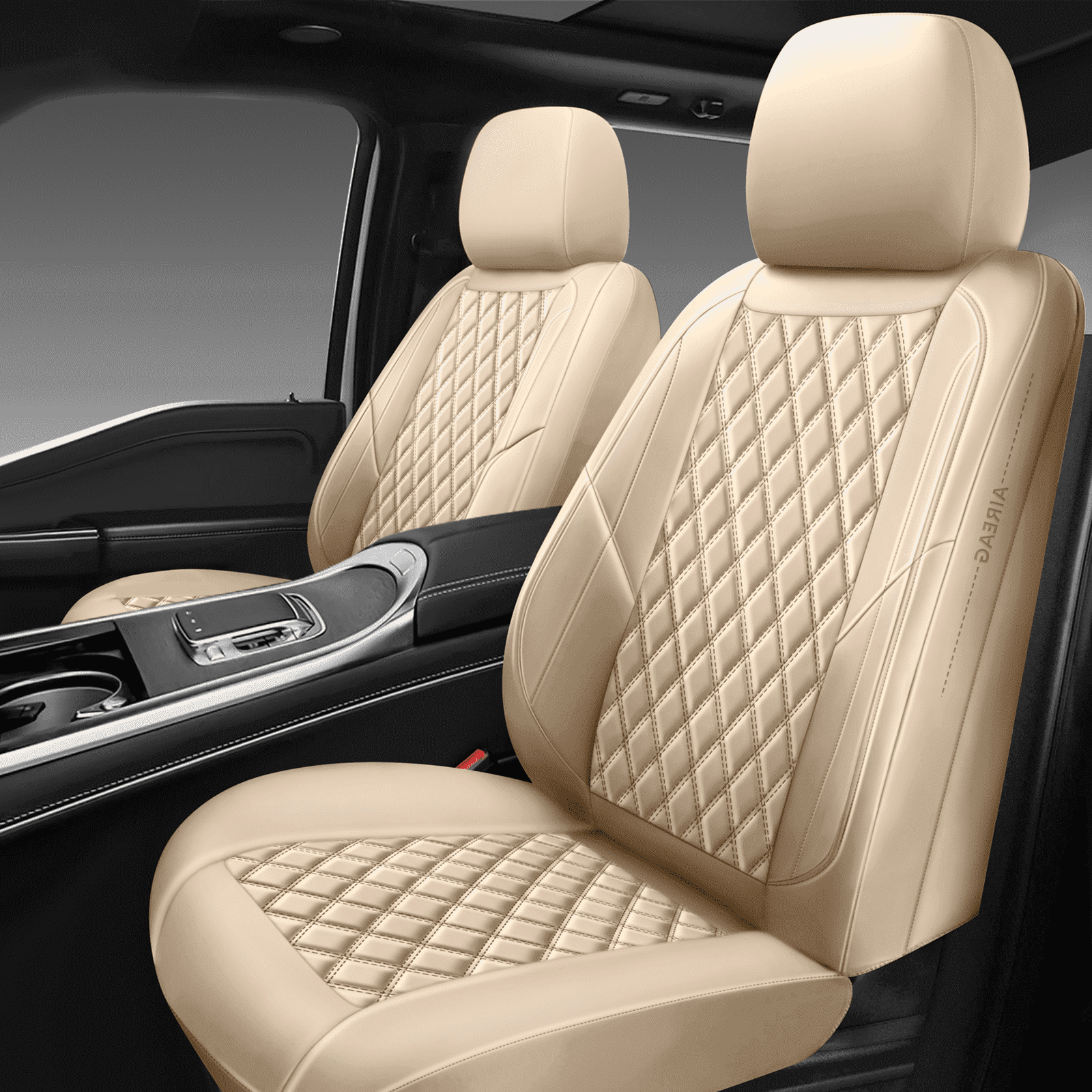 NS YOLO Premium Leather Car Seat Covers Front, Universal Fit for Cars, Trucks & SUVs, Waterproof Car Seat Cushion, Front Seat Protector, Beige