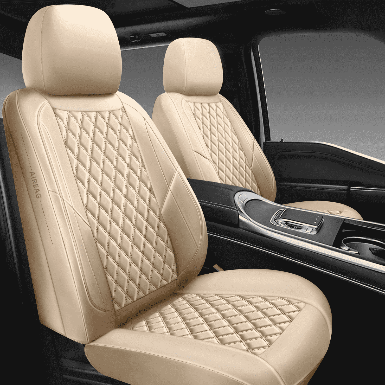 NS YOLO Premium Leather Car Seat Covers Full Set,Universal Fit for Cars,Trucks&SUVs,Waterproof Car Seat Cushion,Full Coverage Car Seat Protector with 5 Seats,beige