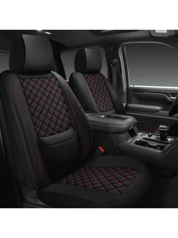 Seat Covers Full Set 2019-2026, Lumbar Support Pickup Truck Seat Covers Custom Fit for Chevy Chevrolet Silverado GMC Sierra 1500/2500/3500HD Crew/Double/Extended Cab, Black Red
