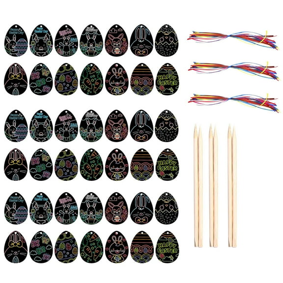 NSESSHome 3 Piece Easter Scratch Paper Arts and Crafts Set for Kids, DIY Kit with Egg Shapes, Stylus, Ribbons, and Brush