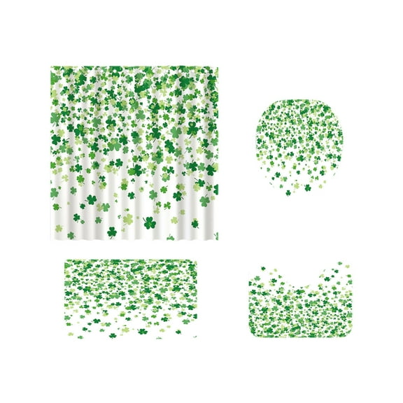 NSESSHome 4Pcs St. Patrick's Day Shower Curtain, Green Clover Shamrock Leaf Decor Fabric Shower Curtains, Irish Green White Bathroom Shower Curtain Set with 12 Hooks