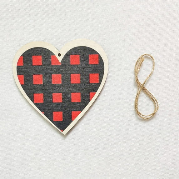 NSESSHome Christmas Plaid Heart Hanging Ornament, Farmhouse Red Black Easter Rustic Heart Wooden Decorations, Wood Craft Pendents Christmas Party Supplies for Wall Door Office Holiday