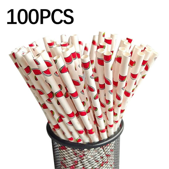 NSESSHome Disposable Kraft Paper Straw Cool Summer Fruit Pattern Paper Straw